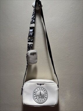 Karl Lagerfeld Off White Crossbody Camera Bag with Black Logo Strap